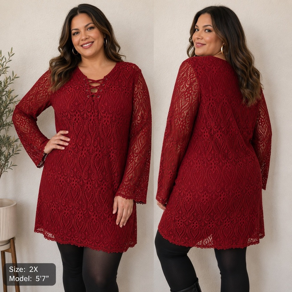 No Comment Plus Lace Up V-Neck Lace Tunic Dress Red Orange RK51359 Womens 2X